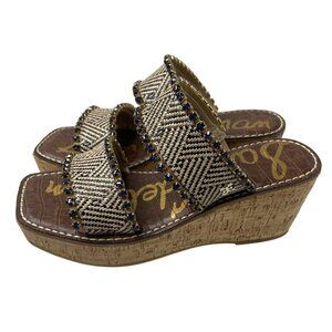 SAM EDELMAN 8M Angelina Natural/Black Sapphire Stones Slip-On Double Strap Wedge